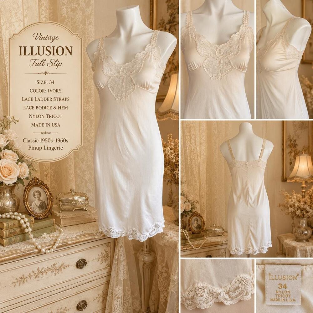 Vintage Illusion Full Slip Sz 34 Ivory Lace Ladder Strap Bodice Pinup Lingerie - Picture 3 of 11